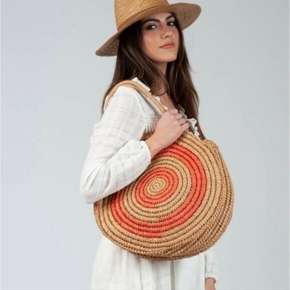 NWT Lucca Couture Tote Shoulder Bag Women Tan Orange Raffia Woven Vacation Boho - Picture 1 of 7